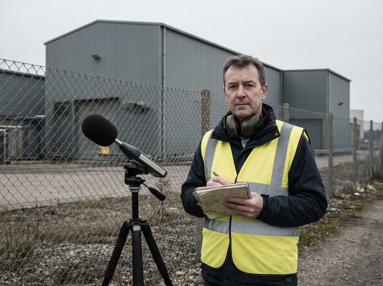 An acoustics consultant with a sound level meter at an industrial boundary