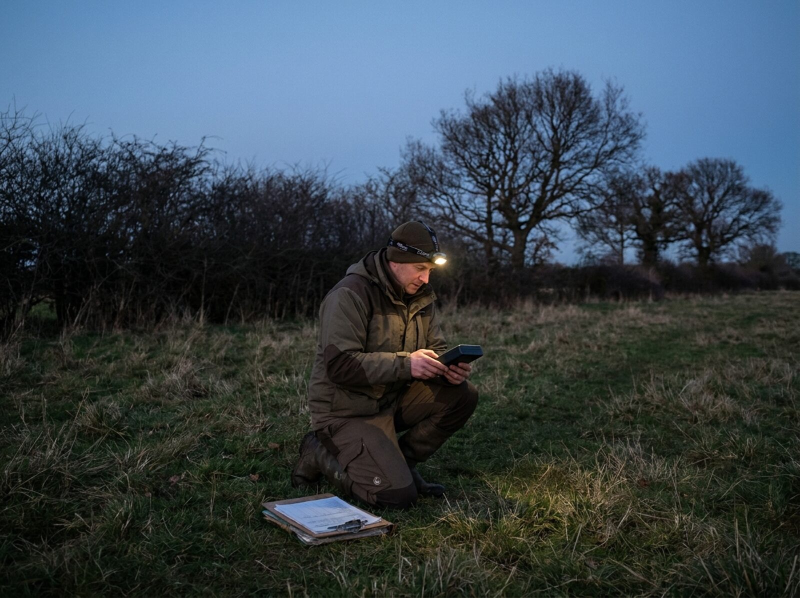 An ecologist surveying rough grassland at dusk with a bat detector