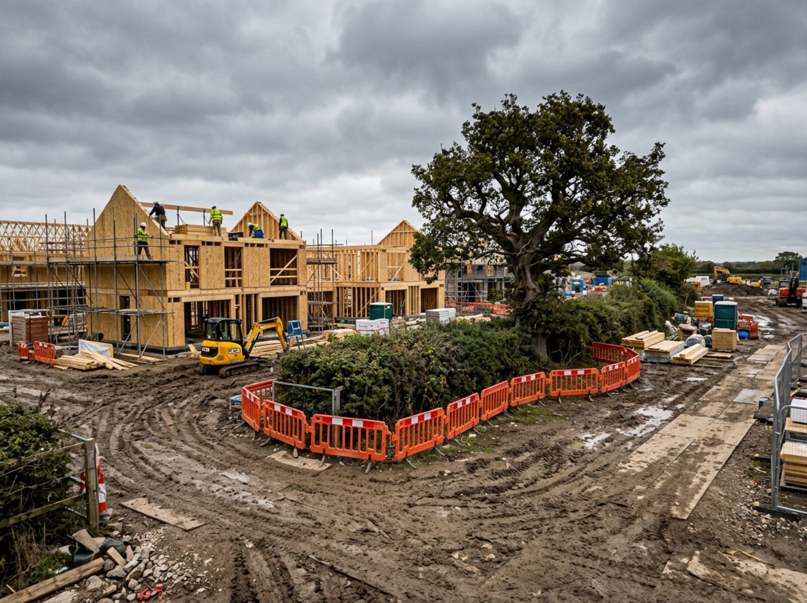 A new housing development under construction with a mature hedgerow and oak tree retained through the middle of the site