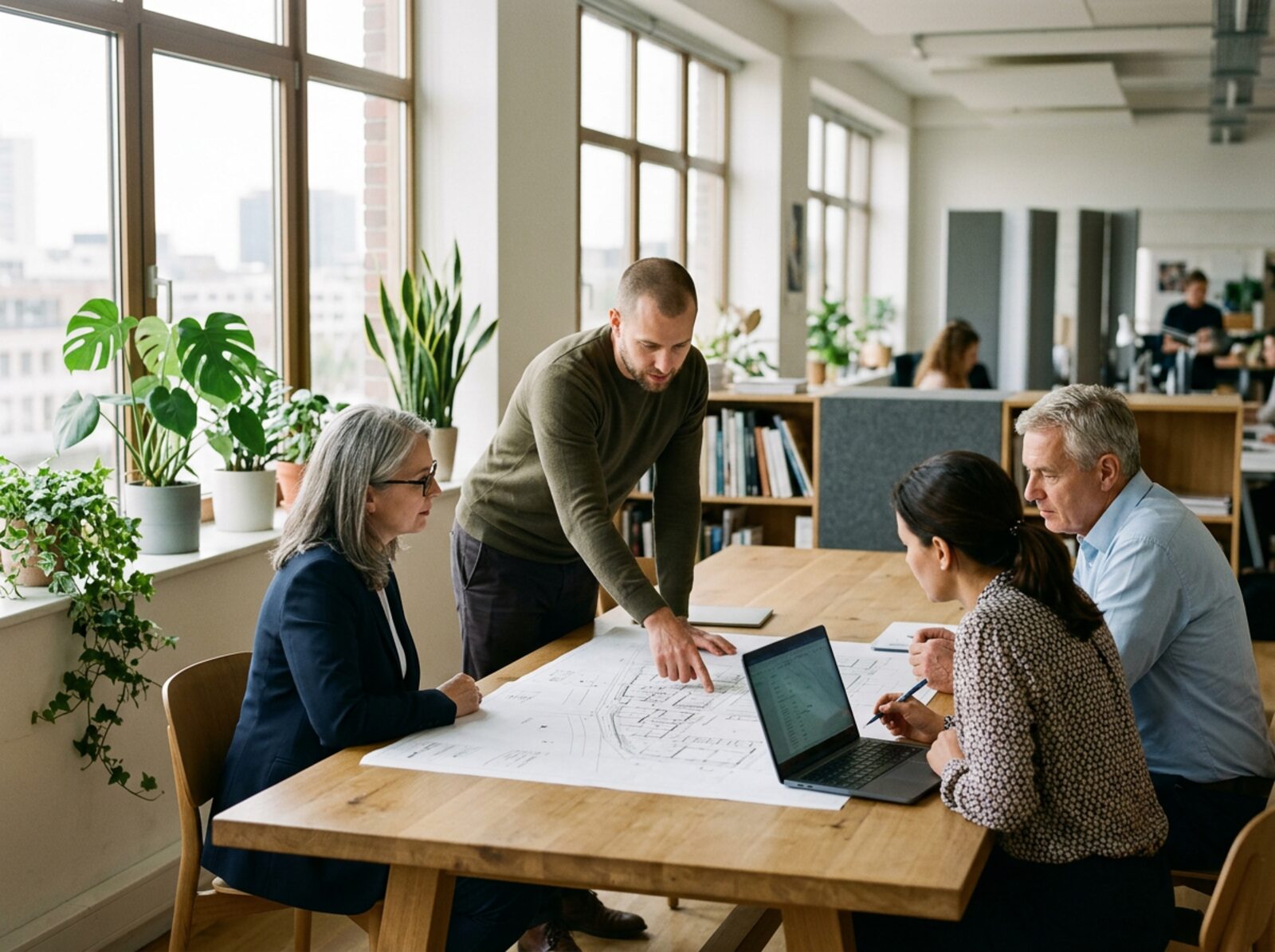 Four colleagues around a table reviewing a site plan and a laptop in a bright office