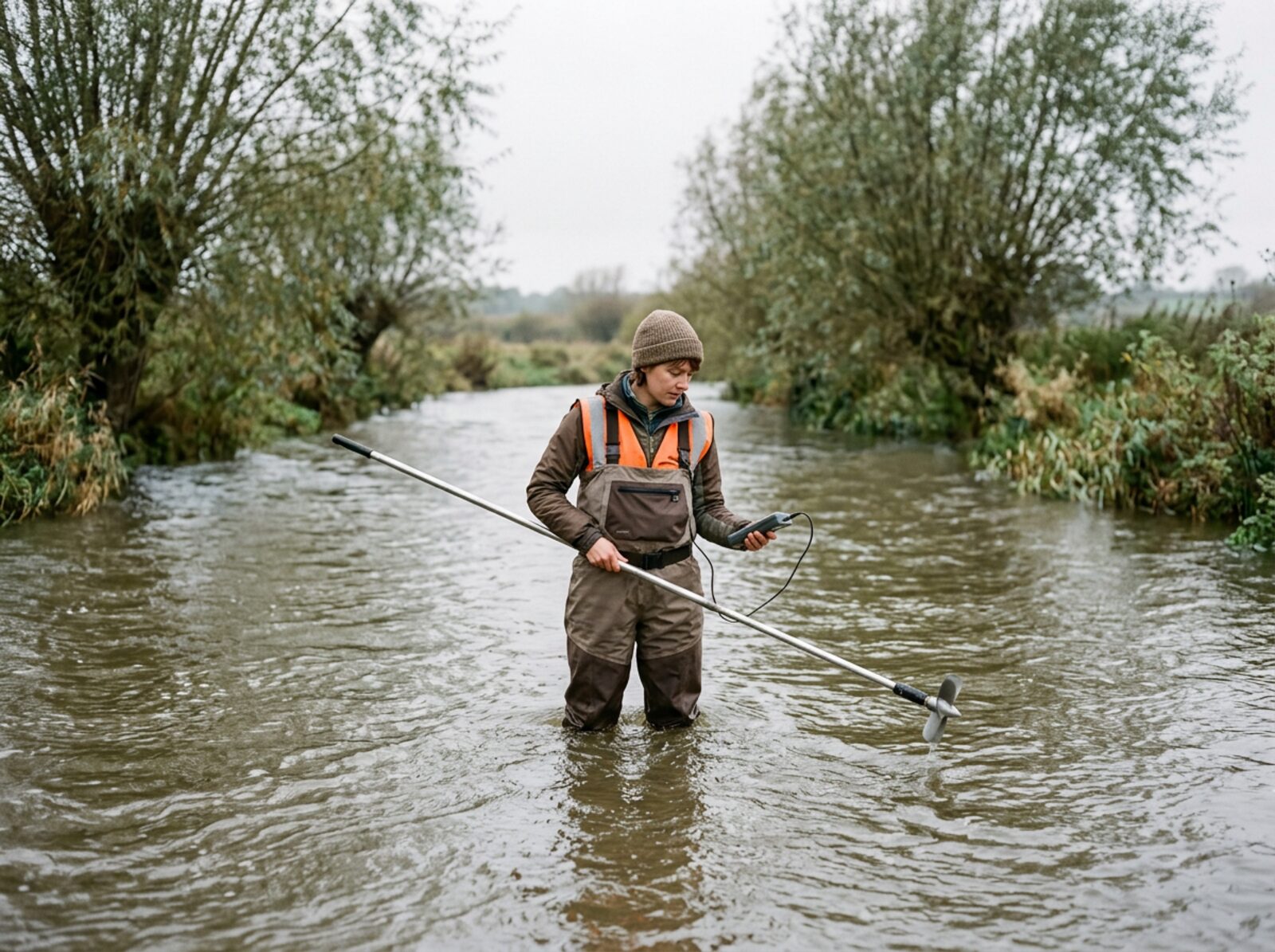 A hydrologist taking a flow measurement in an English river after rain