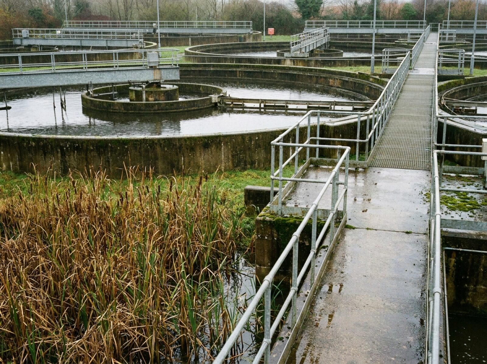 Circular concrete settlement tanks with scraper bridges at a British water treatment works, a reedbed in the foreground